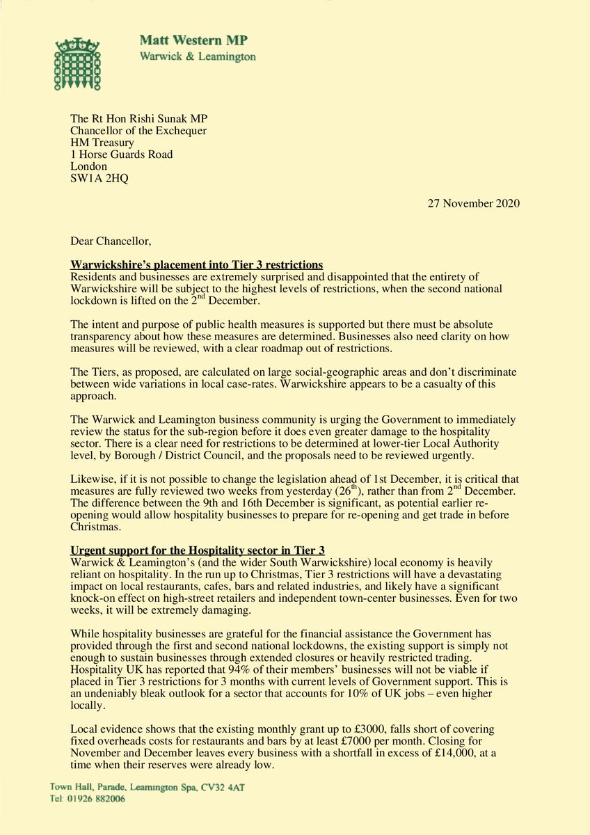MattWestern_'s tweet photo. Alongside the Chairs of Leamington @RLSChamber and Warwick @buyin2warwick Chambers of Trade, I have written to the Government to urge for the Tier system to be urgently reviewed, and request immediate support for local businesses and the hospitality sector. https://t.co/2gUksNpAJl
