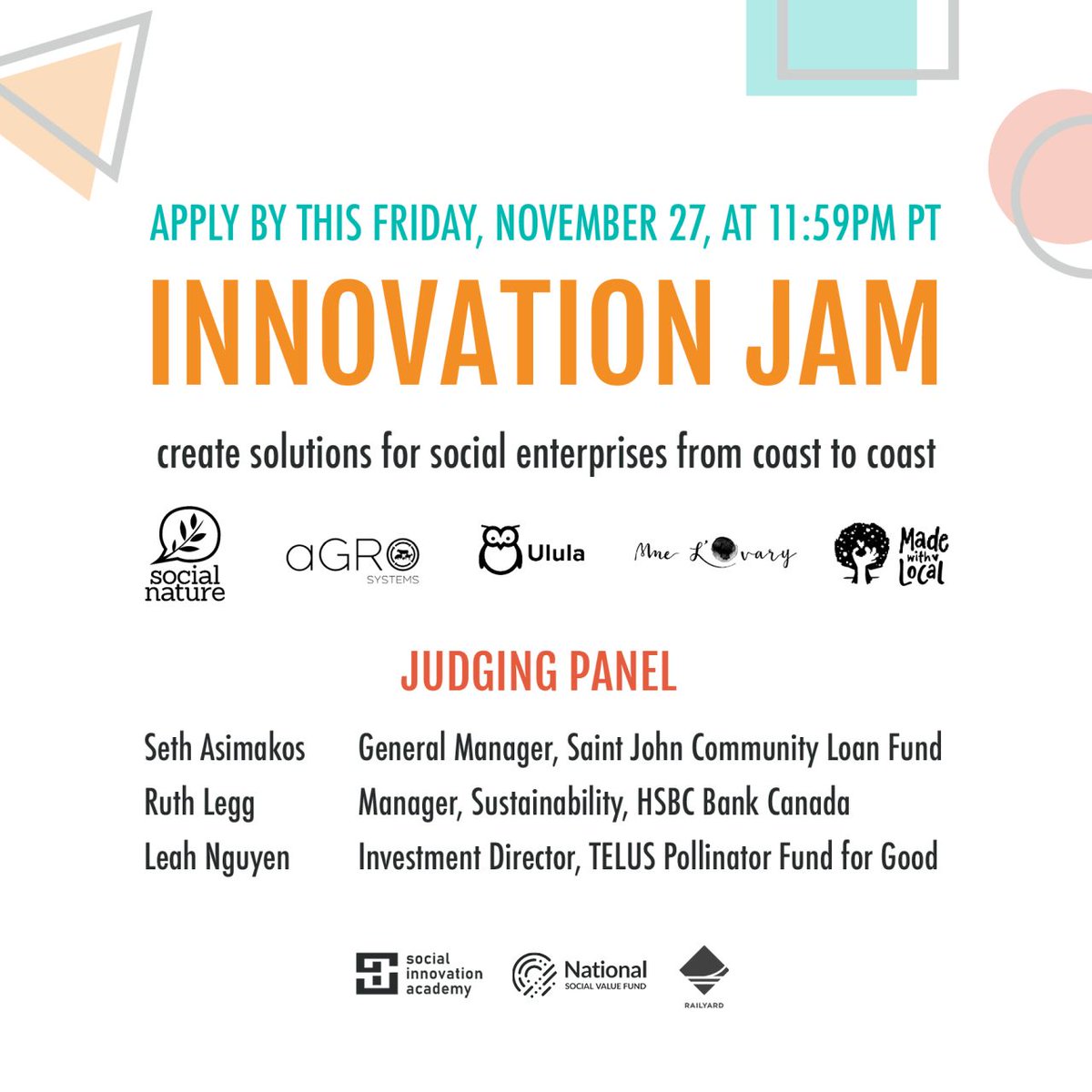 Reminder that applications to join our Innovation Jam at #MaRSImpactWeek are due tonight at 11:59pm PT ⏰ Each member of the winning team will be given a gift card to support a local business or social enterprise of their choice. Apply now: lnkd.in/gRERDkm