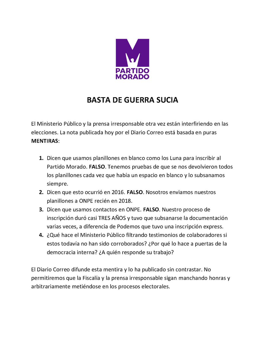 partidomorado's tweet photo. No permitiremos que algunos fiscales politizados y la prensa irresponsable atente contra el trabajo de miles de militantes del @PartidoMorado y se nos compare con otros partidos que, en efecto, tiene serios cuestionamientos. ¡Basta de guerra sucia! https://t.co/QLaiVDcVSS
