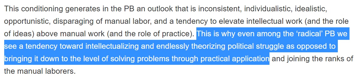 kevin rashid johnson also alludes to this cycle wherein "radical" pb bring their proclivity for abstract Intellectualizing into their work, preventing them from uniting with the masses in their practical struggles, and often end up back where the cycle began - university campuses