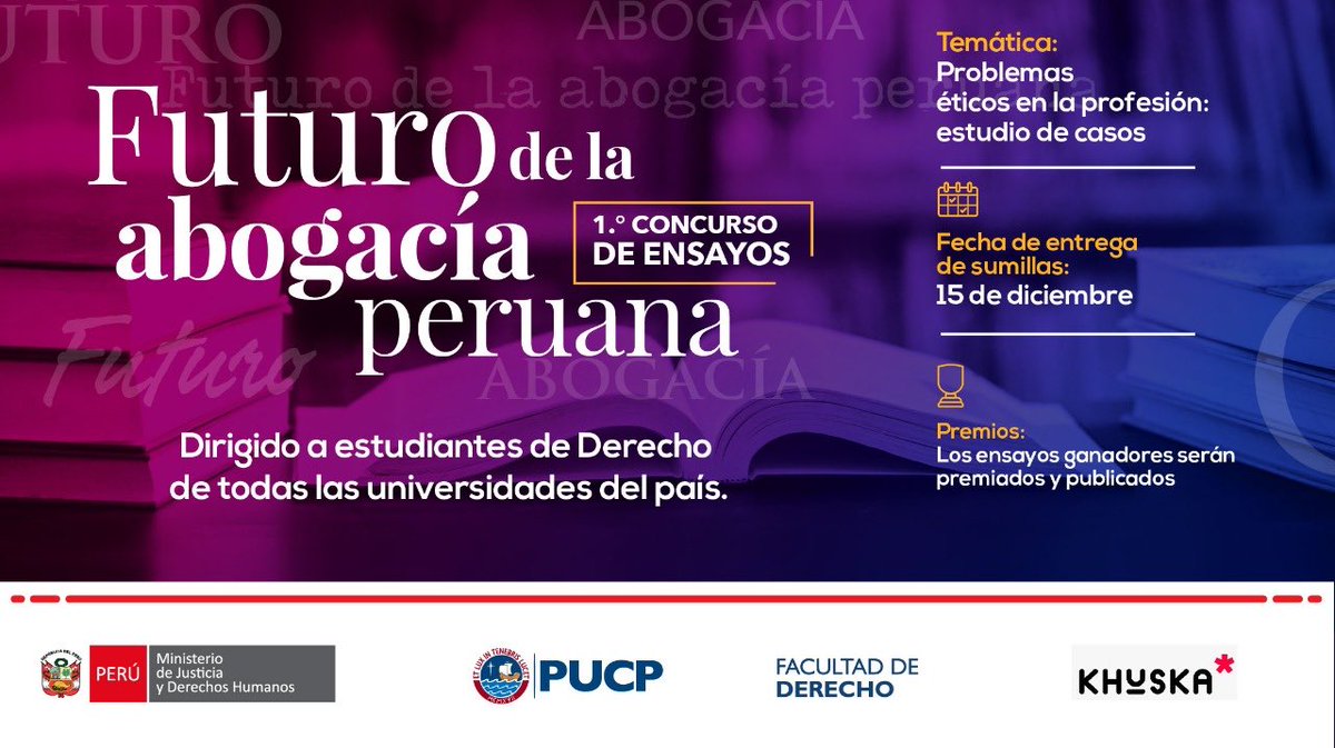 [#Khuska] ¡Extendemos el plazo! 🗓️ 

Participa en el 1.° Concurso de ensayos "Futuro de la abogacía peruana", enviando sus sumillas hasta el 15 de diciembre. 

Conoce las bases actualizadas aquí 👉 bit.ly/3kdIsOF.