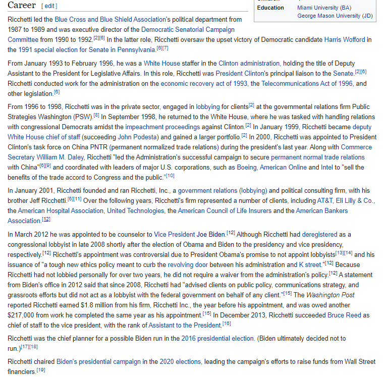 The "Big Pharma" guy from last week was Steve Ricchetti who represented loads of companies, mostly non-pharma.I DUG THROUGH THE ENTIRE INTERNET to find his lobbying disclosureThe 3 highlighted lines are the 3 drug companies: Eli Lilly/Sanofi/Novartis. https://www.washingtonpost.com/r/2010-2019/WashingtonPost/2012/04/24/National-Politics/Graphics/Richetti_Steven_New_Entrant.pdf?tid=a_inl_manual