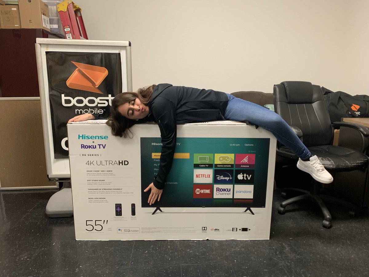 Our Amazing Manager Diana believes she can get this one in her hands!!  🤑🤑 55” 4K ultraHD ROKU TV, grand prize for our contest of most activations sold for the month! #XtremeWireless #BoostMobile #RokuTV #GrandPrize @LM_Pigeon <a href="/7thFlais/">Martin Flais</a> <a href="/dallascody/">Dallas Deason</a>