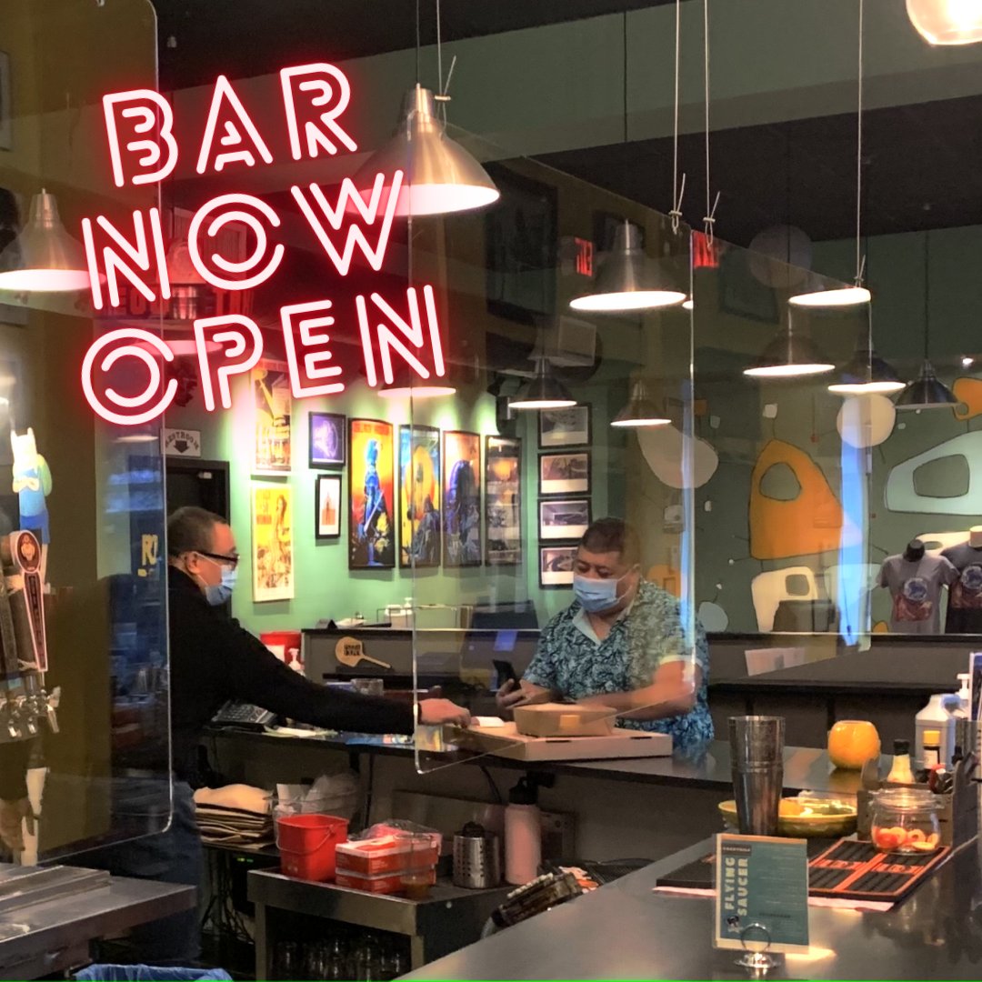 FlyingSaucerMA's tweet photo. Come sit at our bar! Can you see what we did? Look closely! We got these sleek panels to keep everyone safe and stay compliant. 

#livelongandpizza #scifipizza #salemma #traditionalpizza #veganpizza #glutenfree #allthegluten #pizza #flyingsaucerpizzaandbeer #barseating https://t.co/w6tVf6gNwL