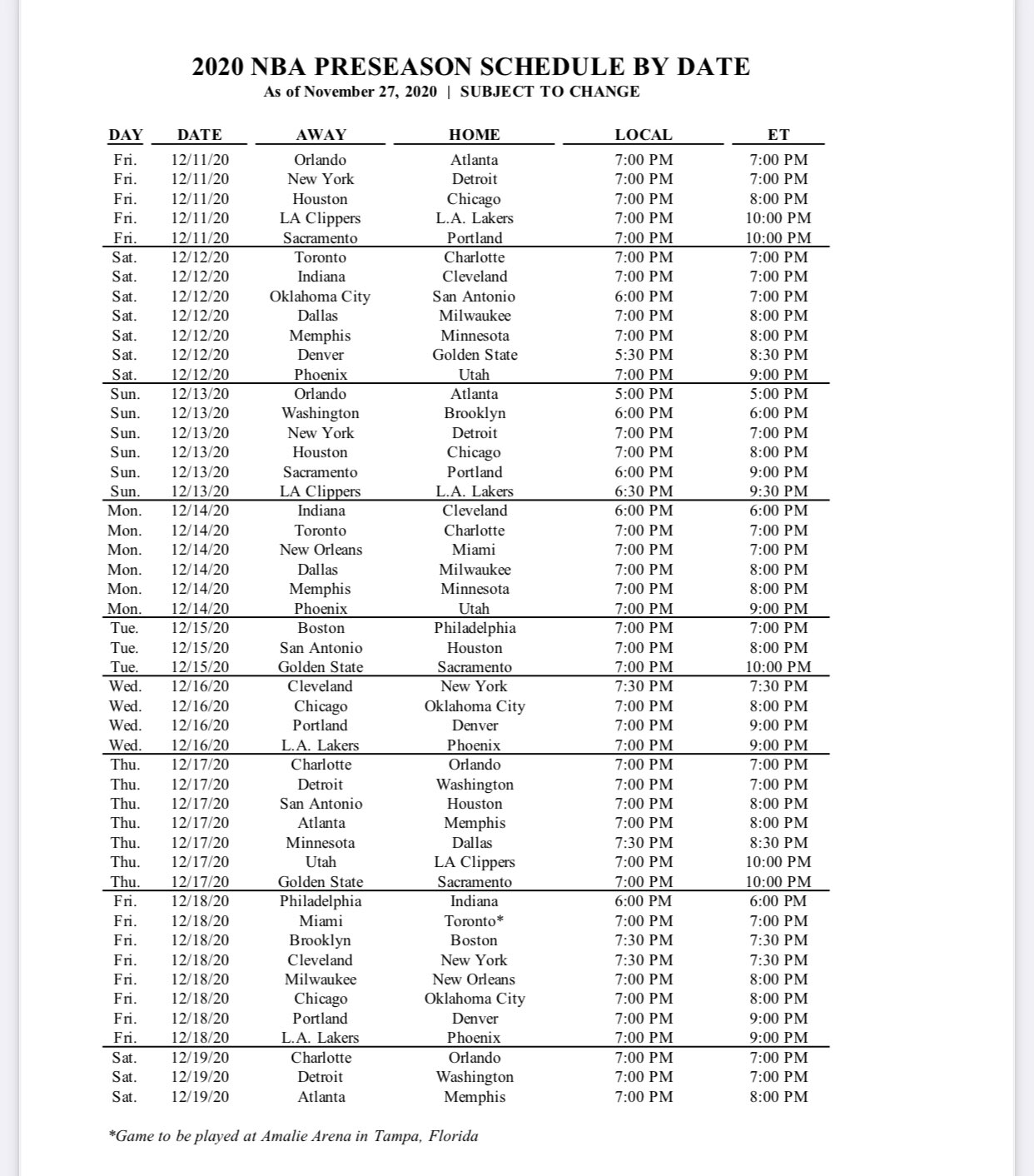 NBA preseason schedule