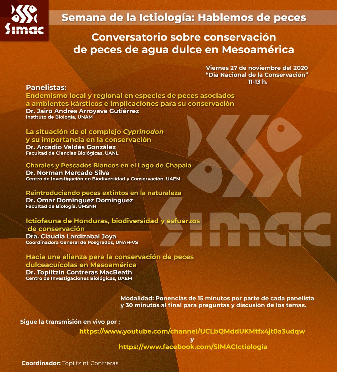 SIMAC87097778's tweet photo. Les compartimos el conversatorio de Conservación, como parte de las actividades de la Semana de la Ictiología, #SIMAC2020
https://t.co/dquTMGlVMa https://t.co/Qs94Za5D1U