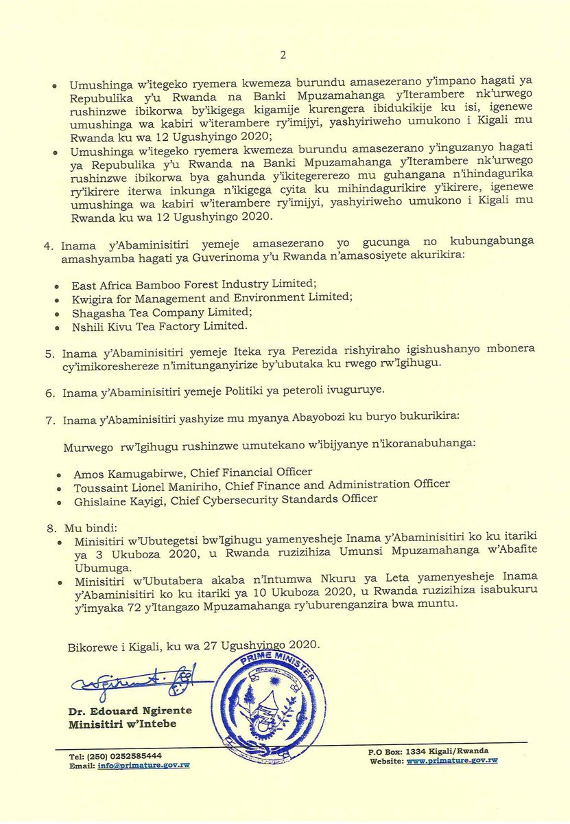Itangazo ry'Ibyemezo by'Inama y'Abaminisitiri yo ku wa 27 Ugushyingo 2020
