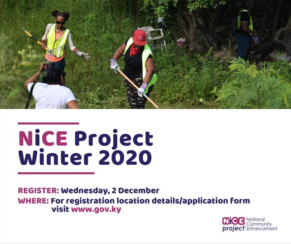 NiCE offers up to 2 wks work (7-18 Dec.) to Caymanians/spouses of Caymanians, 18 and over. First time applicants must register (Wed., 2 Dec., 9am to 12 noon) in their home district. Returning NiCE workers must NOT register but must submit filled form. bit.ly/37daogC