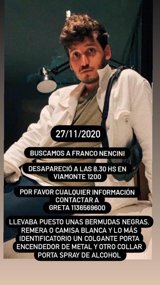 🚨Importante 🚨
Desapareció Franco Nencini
Por cualquier información contactar a Greta
1136569600