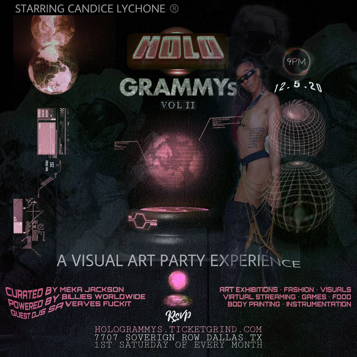 Candiceeeey's tweet photo. Dallas,

You are cordially invited!

#HOLOGRAMMYs®️🌐🕊

12.05 • Vol.II | 9PM CST

Visual P|ART|Y Exhibition.🎖

🎙DJ Sets

🔘 Body &amp; Canvas Art
🔘 Craft Installations
🔘 Projections
🔘 Fashion
🔘 Food
🔘 Games
🔘 Virtual Streams

Limited Cap - RSVP! 🎟🛰
https://t.co/0LLgq38I3d https://t.co/oUQug7Mtrw