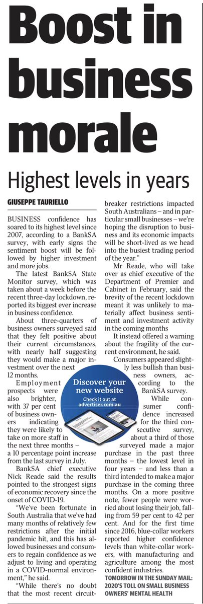 DavidPisoniMP's tweet image. New @BankSA survey shows @southaustralia business confidence has soared to its high level in 13 years