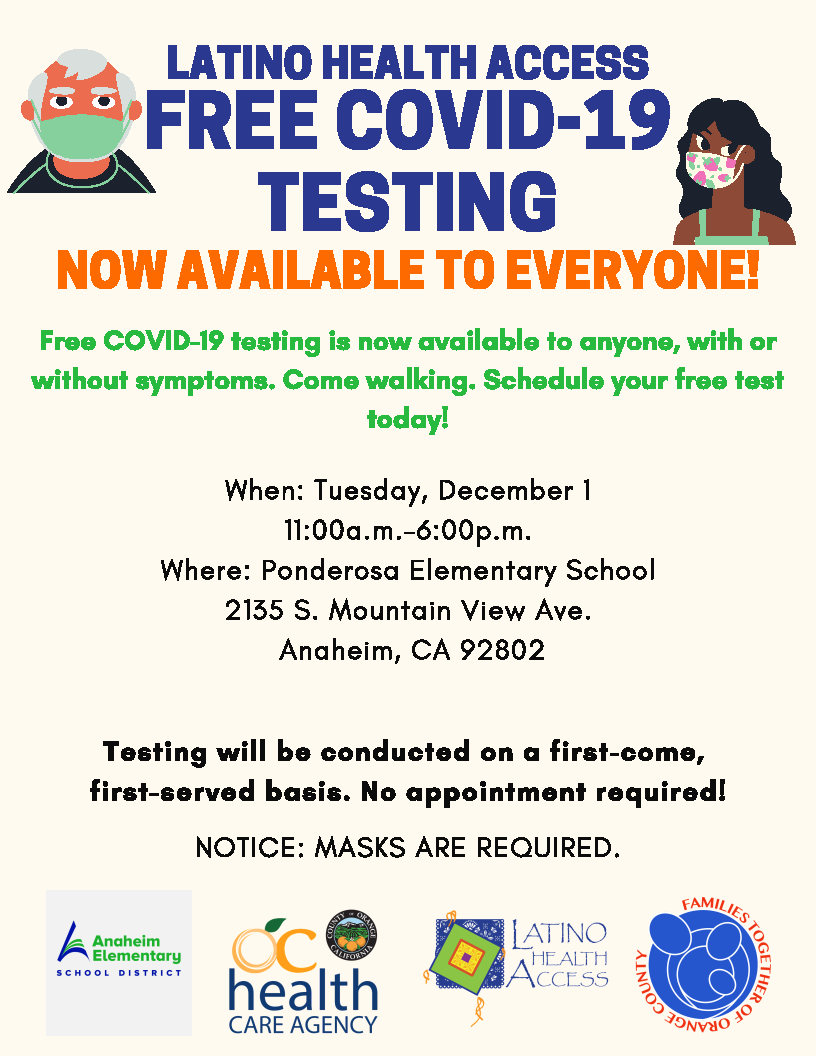 AnaheimElem's tweet photo. Please see information for  free COVID-19 testing at Ponderosa Elementary on Tuesday, December 1.
Consulte la información para las pruebas COVID-19 gratuitas en la escuela primaria Ponderosa el martes 1 de deciembre. https://t.co/Qrz3moVHtz