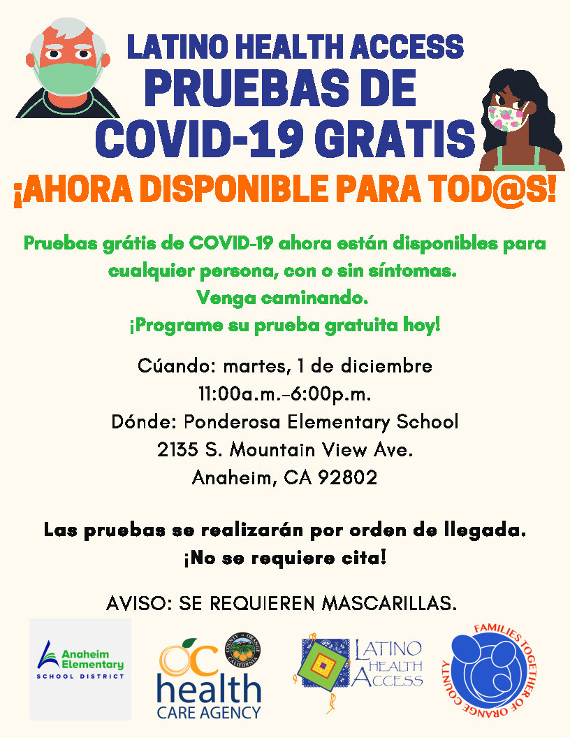 AnaheimElem's tweet photo. Please see information for  free COVID-19 testing at Ponderosa Elementary on Tuesday, December 1.
Consulte la información para las pruebas COVID-19 gratuitas en la escuela primaria Ponderosa el martes 1 de deciembre. https://t.co/Qrz3moVHtz