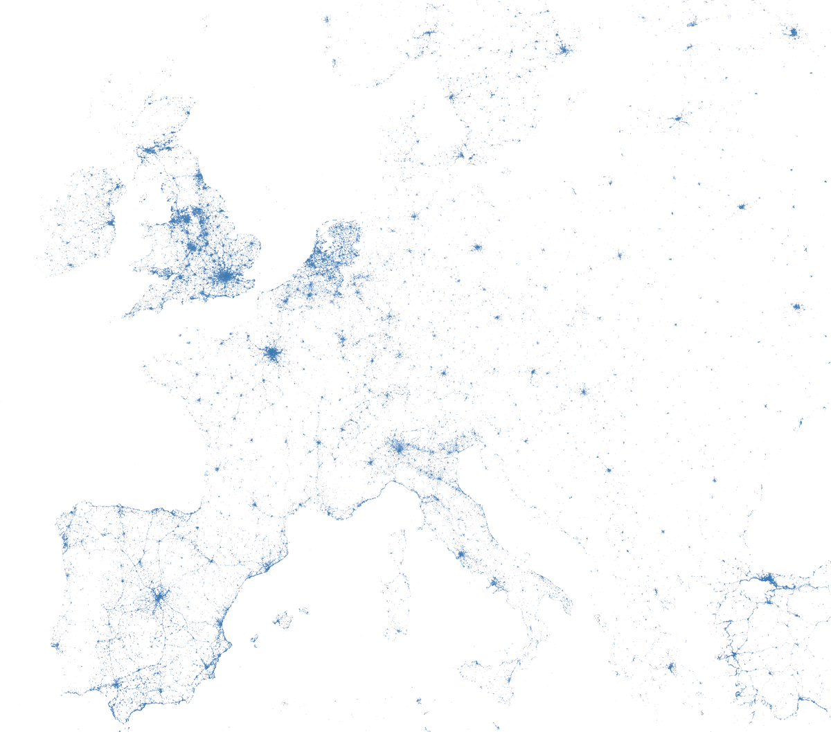 chrisstelz's tweet photo. #30DayMapChallenge day 27 - big or small data:
A week of tweets in Europe - big data in cities and small data on the countryside.

Also my first try working with @datashader in python. https://t.co/qi8iyUILHz