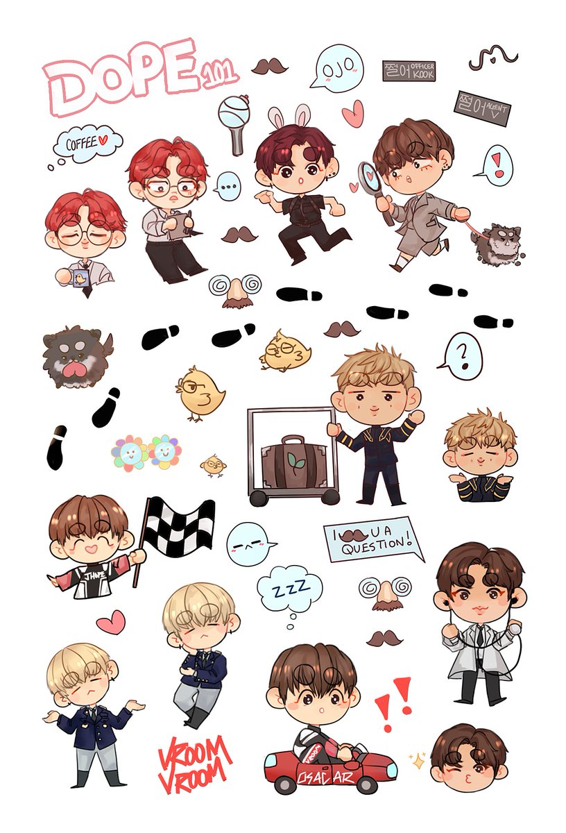 disequil's tweet photo. [ 🔎 OJO  ] 

*insert pink panther theme song* are you ready to join officer KOOK &amp; detective V as they try to solve the mystery of WHO STOLE ARMYS' HEARTS? 

make your own adventure sticker sheets for @boyswlovezine! :'D
based off the song DOPE!

#novemberwithlove #btsfanart https://t.co/1LJJtwI3yh