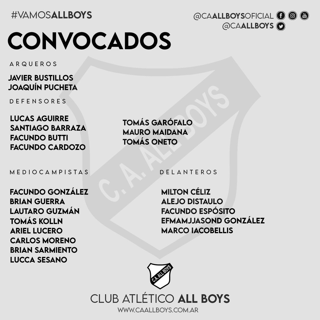caallboys's tweet photo. [FÚTBOL MASCULINO] 📋Lista de convocados de #AllBoys para enfrentar a #Brown 📋

🌎Toda la info en la Web Oficial de @caallboys ▶️https://t.co/iR49Cr4OSu https://t.co/eui7CxgYEv