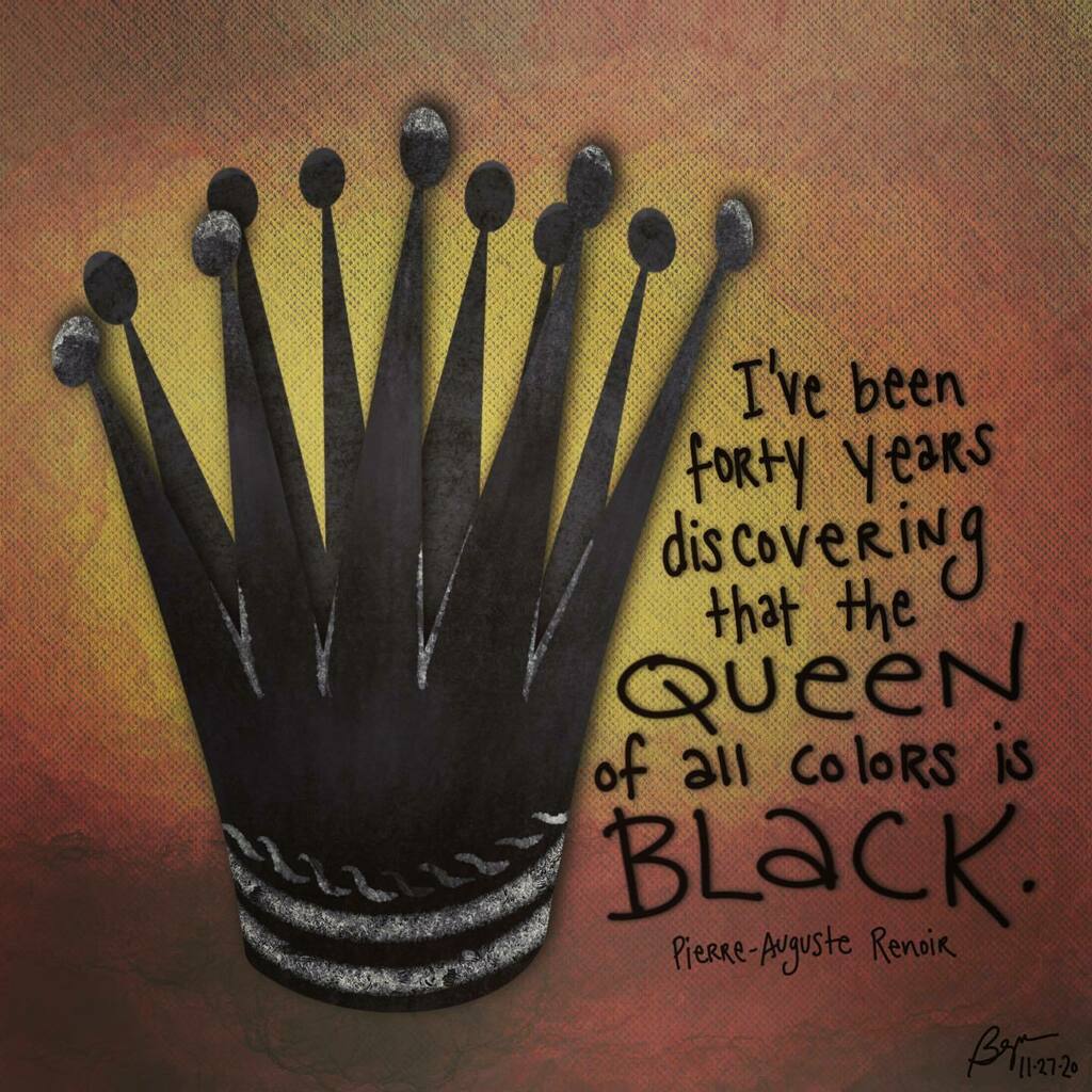 bethnyland's tweet photo. “I’ve been forty years discovering that the queen of all colors is black.” (Pierre-Auguste Renoir)
.
#black #queen #crown #queenofallcolors #blackfriday #renoir #pierreaugusterenoir
.
#notice #illustration #visualart #visualverbal #art #artoftheday #quo… https://t.co/kuzgNHrMQ8 https://t.co/mwKhVNZtlL