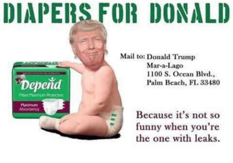 HadleySheley's tweet photo. This ‘Diapers for Donald’ campaign has me howling😂🤣😂
#DiaperDon https://t.co/WaEbJ8WULU