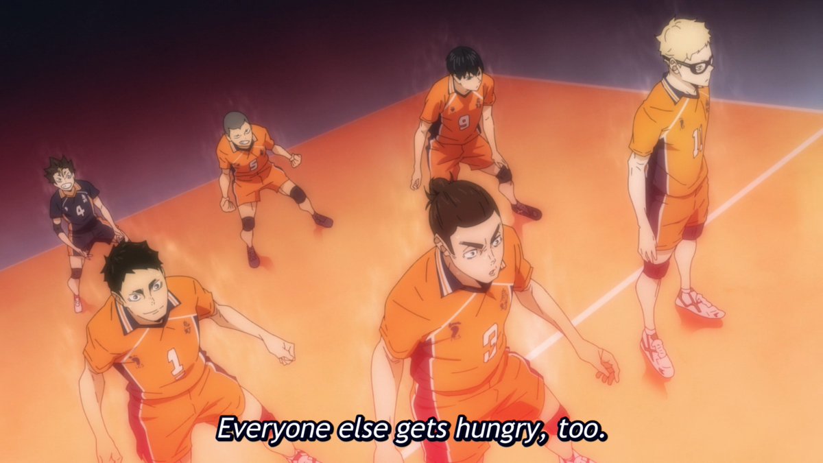 Hinata is the personification of this passion, or hunger, for volleyball, so it's perfect to have the one character (Osamu) who his lack that hunger for volleyball recognize its infectious nature in their opponents.