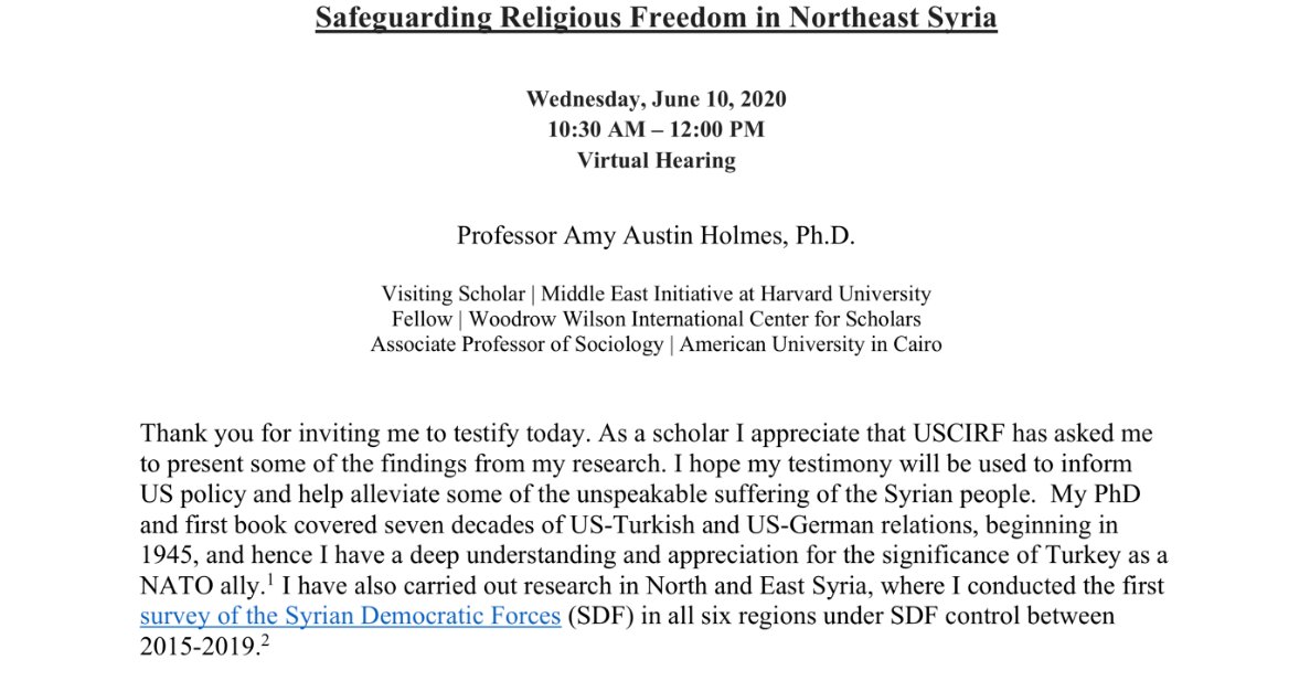 In areas  #Turkey occupies in NE  #Syria, Professor  @AmyAustinHolmes testified at  @USCIRF hearing that  #Christians &  #Yazidis had been "killed, disappeared, kidnapped, raped, detained, subjected to forced religious conversion, and held for ransom..." 3/  https://www.uscirf.gov/sites/default/files/Amy%20Austin%20Holmes%202-%20Wilson%20Center.pdf