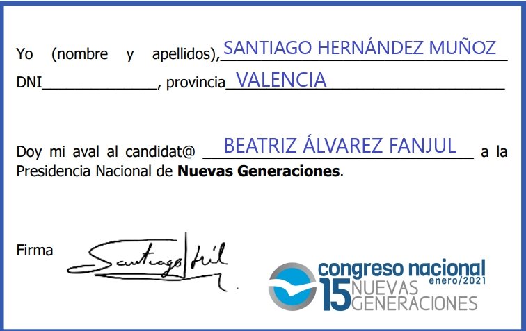 2santihernandez's tweet photo. Publico mi aval a @bea_fanjul para que sea la próxima presidenta de @NNGG_Es con mucha ilusión y alegría
#Yoconbea https://t.co/c2QqLAxB0V