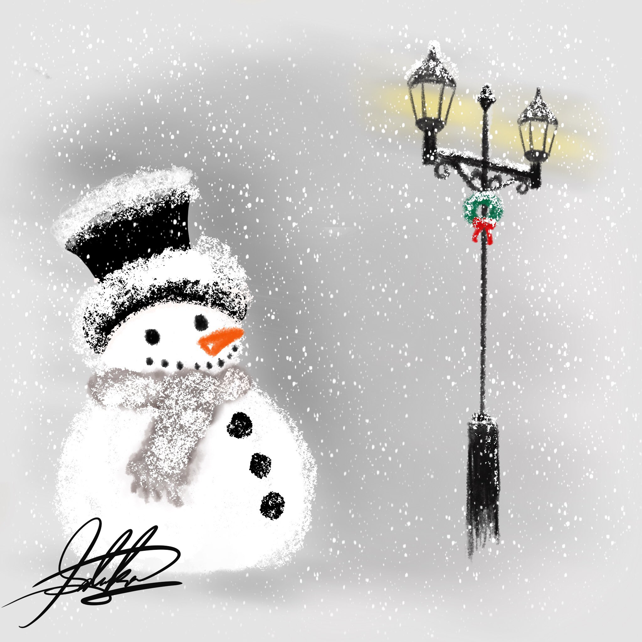 Dianne イラスト デジタルart 色鉛筆画 チョークアート 看板 皆さんおはようございます 雪だるまと街灯と リースを描いてみましたぁ 街灯は ポストカード検討中です 描いてて楽しい おは戦nd 雪だるまイラスト 街灯 リース