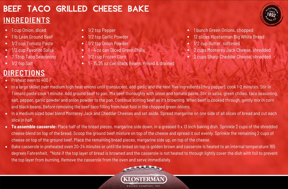 klostermanbread's tweet photo. Go big for the final @GoBearcatsFB tailgate of the season by serving this ooey, gooey Beef Taco Grilled Cheese Bake! (Bonus points if you top it off with your favorite #KlostermanBread, too!) @GoBEARCATS #Bearcats #tailgating #recipes https://t.co/i8OiYBiTng