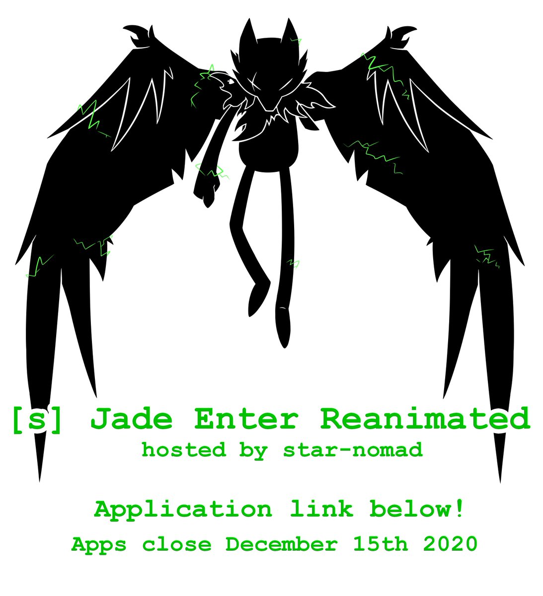 Hello! This is a tweet asking for applications for the [S] Jade: Enter Ranimated project! If you are interested then please fill out the application in the link below. Applications are due by December 15th! docs.google.com/forms/d/e/1FAI…
 #homestuck #JadeEnterRe #reanimated