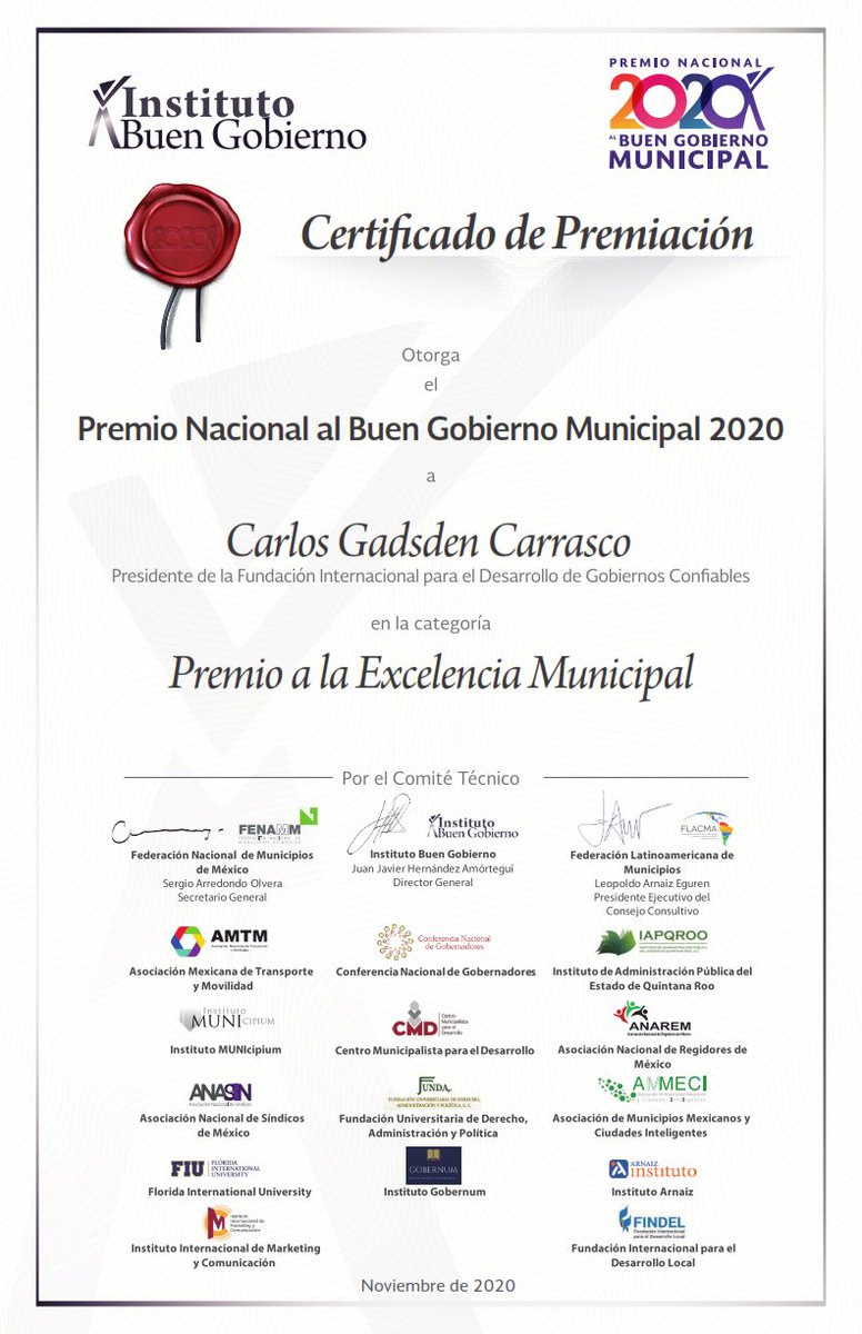 FIDEGOC's tweet photo. El día de hoy, en la Ceremonia de Entrega del Premio al Buen Gobierno Municipal 2020, le fue otorgado el Premio a la Excelencia Municipal a nuestro Presidente, el Dr. Carlos Gadsden Carrasco, por su destacada trayectoria en el ámbito municipal. ¡Muchas felicidades, Dr. Carlos! https://t.co/D6FG1x9a2w
