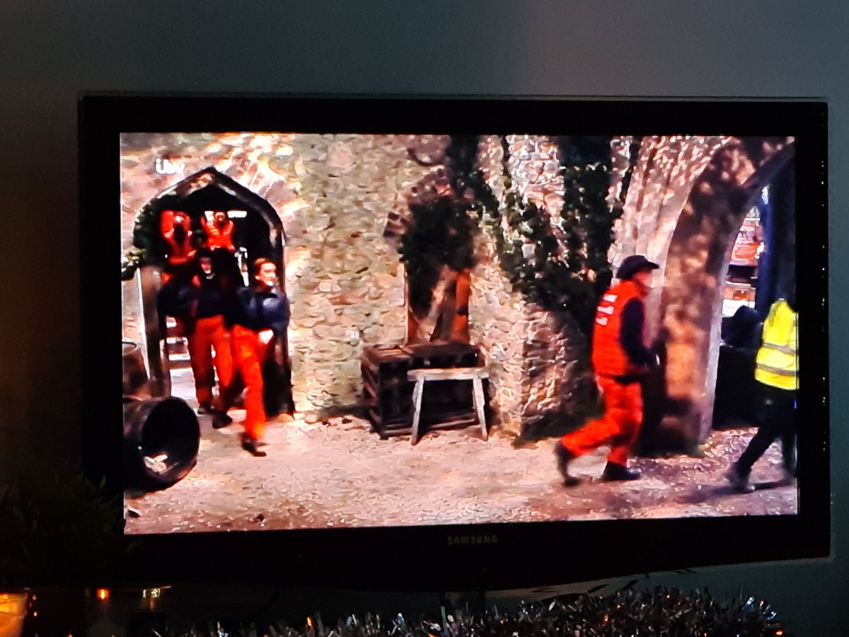 spinningoutaday's tweet photo. Well the high vis person ruins the effect of them being locked in a castle 😂 #ImaCeleb #ImACelebrity https://t.co/wMpzwxLNyU