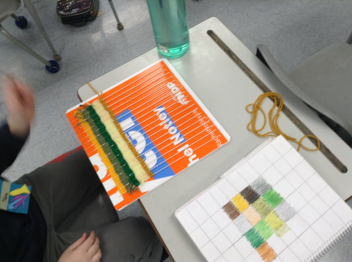 Ms_C_Dickson's tweet photo. Gr3 Art: Students continued working on their weaving colour study. Using their preliminary work, students are carefully choosing each yarn to build a visual representation of an Edgemont nature photograph. #Edgemontstrong @EdgemontCBE https://t.co/WexkEYygwo