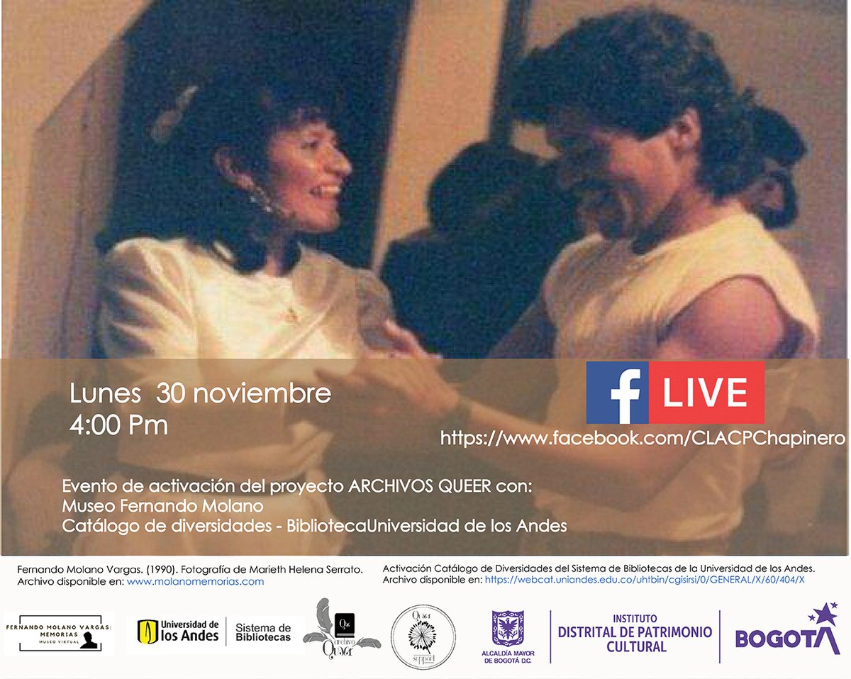 Patrimoniobta's tweet photo. 👩🏼🎤🏳️🌈Asiste a la primera entrega de Archivos Queer de Bogotá, 🌈una red conectada de acervos y fondos sobre patrimonio cultural de los sectores sociales LGBTIQ de la ciudad de Bogotá.
📌 FB Live https://t.co/Wl7eXuCXpk
📆lunes 30 de noviembre
⌚ 4:00 pm
#PDE2020 https://t.co/2Lkhr3ZkYv
