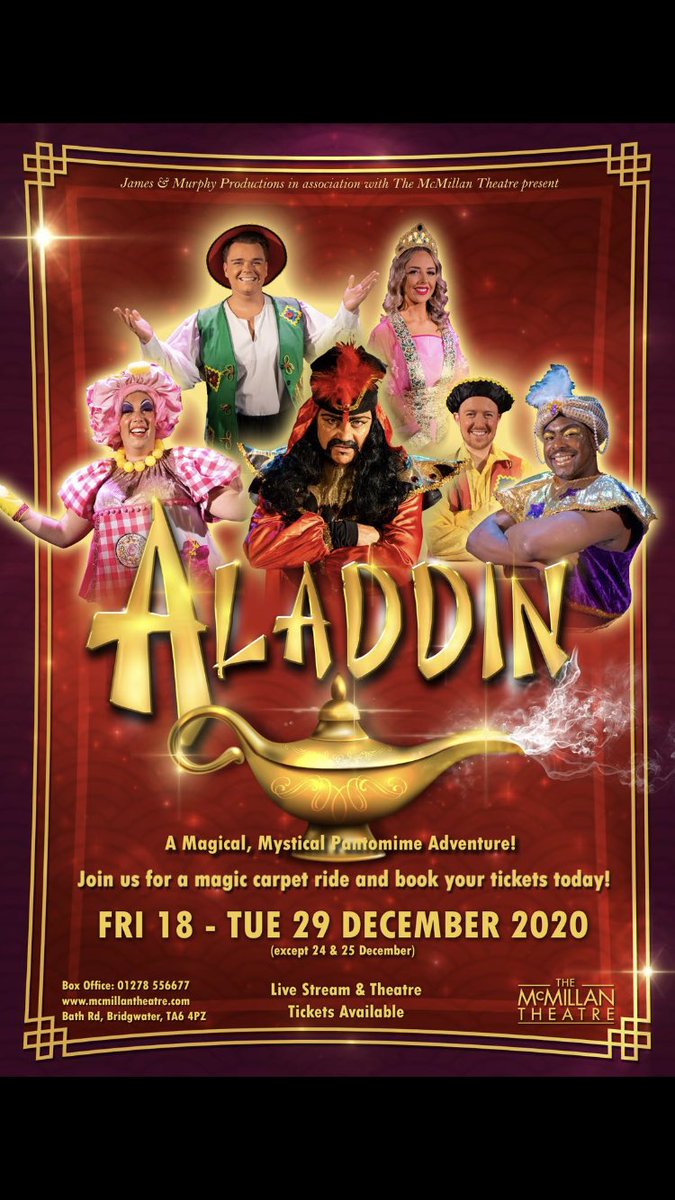 AlisterWilmott's tweet photo. Pantomime is on in Bridgwater! Join @specshows for Aladdin @mcmillantheatre from the 18th-29th Dec. Few tickets available or book online live stream tickets on the website. #pantomime #theatre #savethearts #bridgwater https://t.co/sVdueSrykZ