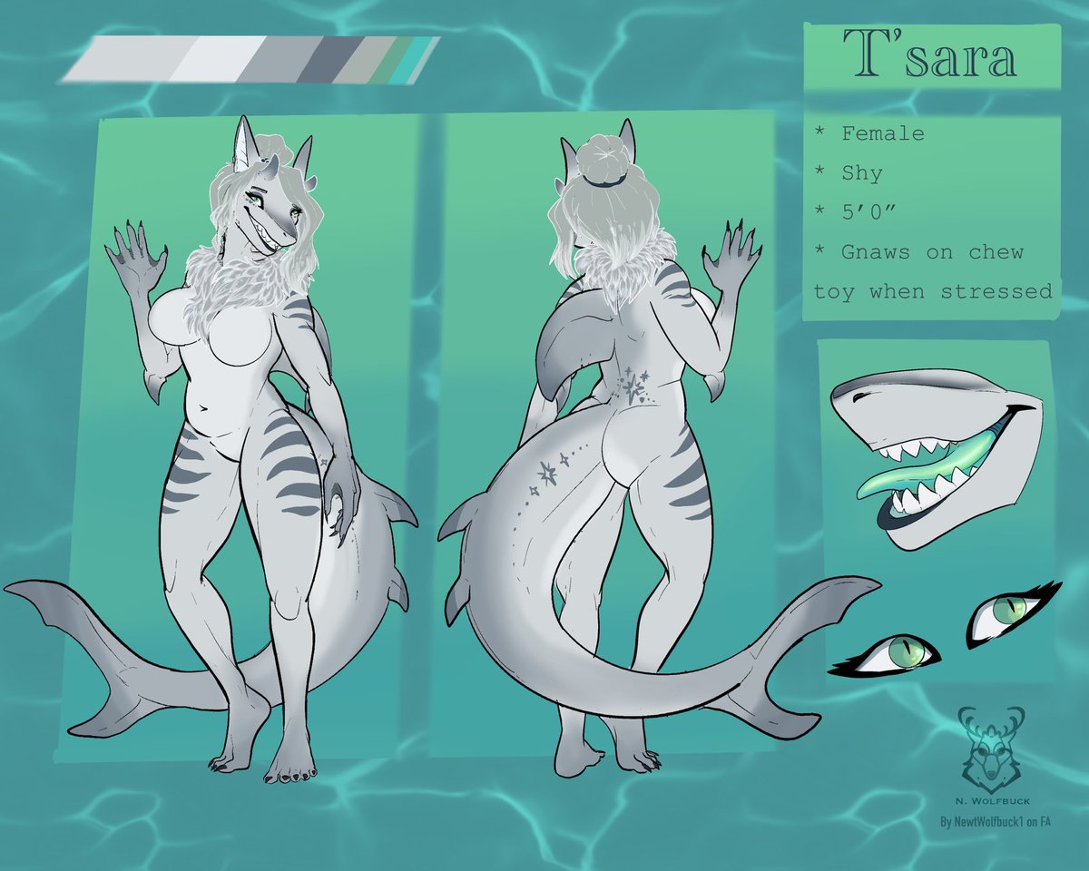 First up: T’SaraMy shark gal and my current main sona! Often known to be shy and somewhat reclusive, she tends to keep to herself and focus on her research in materials and enchantment. Ol’ sharko is the creator of another (squeak) one of my OCs! : @/NewtWolfdeer