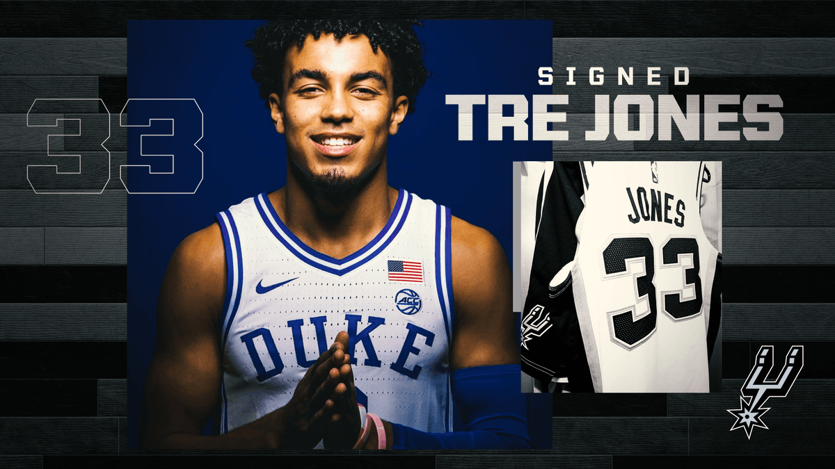spurs's tweet photo. 𝐈𝐭'𝐬 𝐨𝐟𝐟𝐢𝐜𝐢𝐚𝐥. We've signed @Tre3Jones!

MORE: https://t.co/Ujy8nStaH4 https://t.co/sDzzLGUOLL