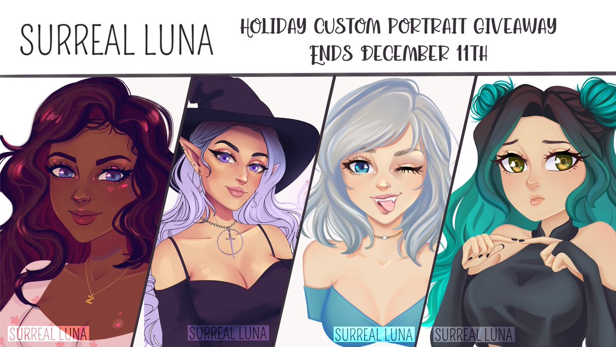SurrealLuna's tweet photo. 🎁 HAPPY HOLIDAYS 🎁
I’m super thankful for all the support over the years. It’s y’all who keep me going 💕

Custom stylized portrait give away! 
To enter:
🌙Follow me
🌙RT and 💖
Ends Friday Dec 11th

QRT don’t count, no giveaway accounts. https://t.co/bMCCBZcf4v