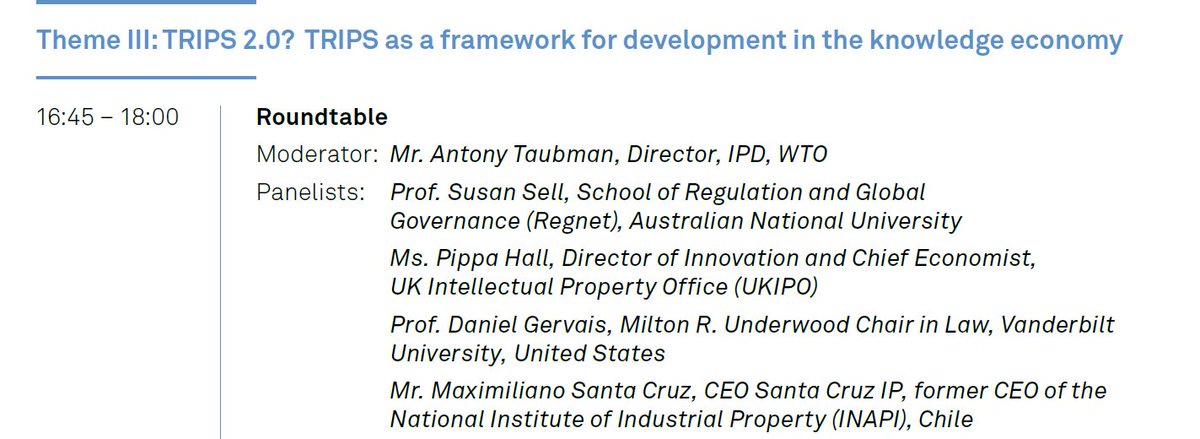 Earlier this week, RegNet's Prof Susan Sell took part in a round-table discussion closing out the @wto's TRIPS@25, a virtual symposium celebrating 25 years of the #TRIPS Agreement.
Catch the discussion here (begins at 2:11:40)➡️
https://t.co/Jc6qSzKO1R
#IntellectualProperty https://t.co/2Jn6gM6JUW