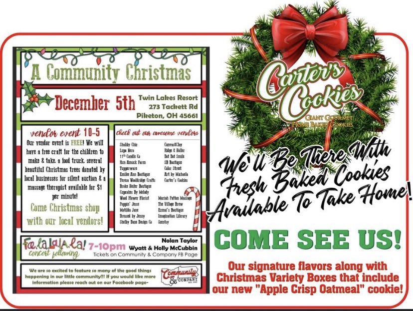 CookiesCarters's tweet image. Come visit us on Saturday December 5th for a local community Christmas vendor fair!  We'll have fresh cookies to purchase and take with you along with a few surprises and even some give aways!  We'll be there 10-5!  All the info is in the flyer below.
