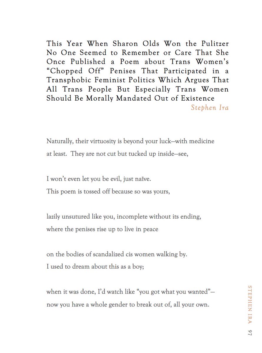 And in the spirit of pointing out that I have been politely but firmly saying this over and over for seven years with absolutely no reaction on the part of a single cis person, here's my poem in response to Olds's: issuu.com/themlit/docs/t…