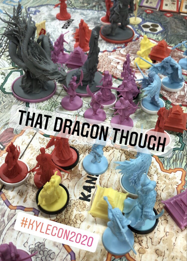 Catch2222Gaming's tweet photo. All day board gaming for #KyleCon today! Not what we were expecting this year with the pandemic going on...it’s just four of us in masks. We are glad to be in good company playing games, though!! #boardgames #themind #risingsun #oni #dragon #goodtimes https://t.co/XAB6jSaOIj