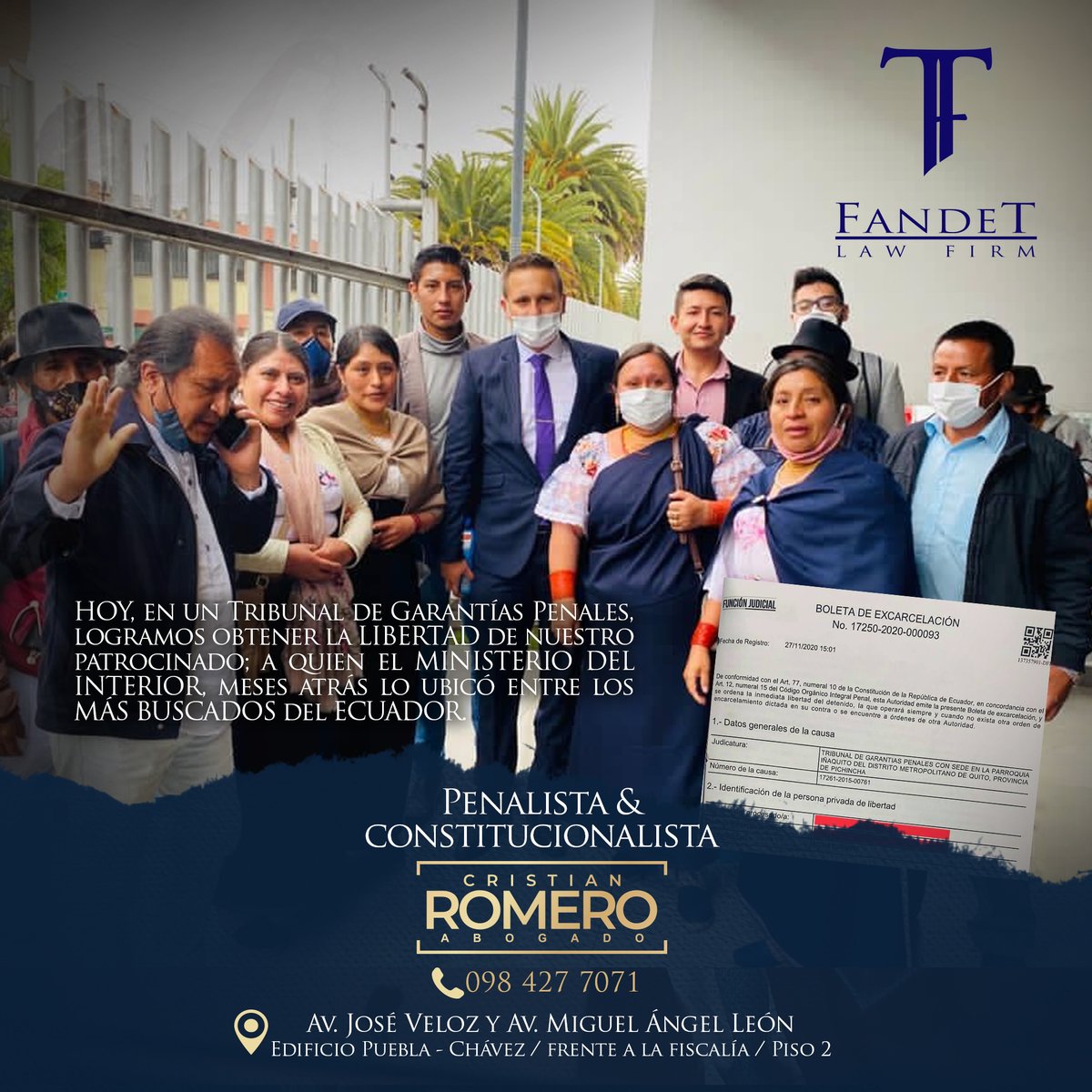 FandetLawFirm's tweet photo. HOY, en un Tribunal de Garantías Penales, logramos obtener la LIBERTAD de nuestro patrocinado; a quien el MINISTERIO DEL INTERIOR, meses atrás lo ubicó entre los MÁS BUSCADOS del ECUADOR. Somos #FandeTLAWFIRM
.!! Tu mejor elección.!!!! https://t.co/zT2MgWZeu6