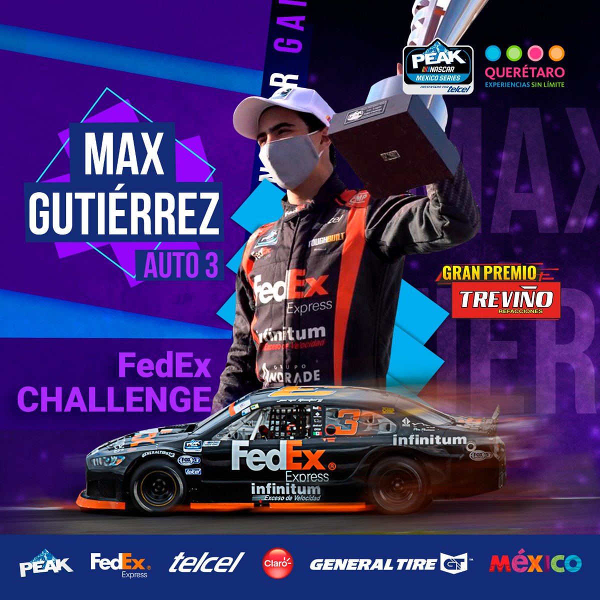 Max Gutiérrez suma su 5ta victoria de la temporada en la categoría FedEx Challenge, esta vez de manera muy apretada en el óvalo queretano. ¡Felicidades! 🏆 #NASCARPEAK #NASCARQro