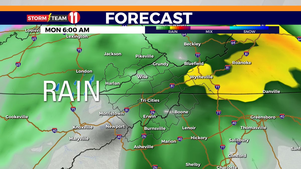 BrittneyBwx's tweet photo. (1/2)
WINTER WEATHER UPDATE!

TIMING
Latest models have rain moving in first late/overnight Sunday. The switch from rain to snow occurs Monday evening as cold air ushers in. Snow showers will be possible through Tuesday morning/early afternoon. https://t.co/3OZxQoXdg5