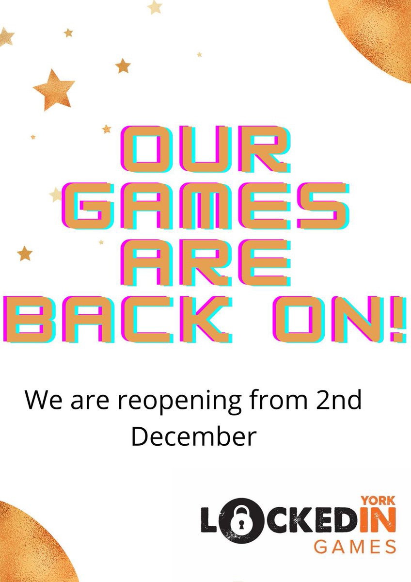 Yay we are so excited to let you know that we will be reopening again on Wednesday 2nd December.
You can book a game with us on lockedingamesyork.co.uk or call us on 01904801400