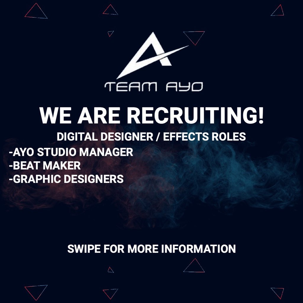 AyoProto's tweet photo. 🎊TEAM AYO ARE RECRUITING🎊
Team Ayo are looking to expand their current #roster in all areas of the #organisation. 
If any of the roles below are of interest to you, or anyone you know, feel free to drop us a message👀
#Esports #Gamers #GamingCommunity #AyoOnTop #CallofDuty https://t.co/DlDV7MmHVA