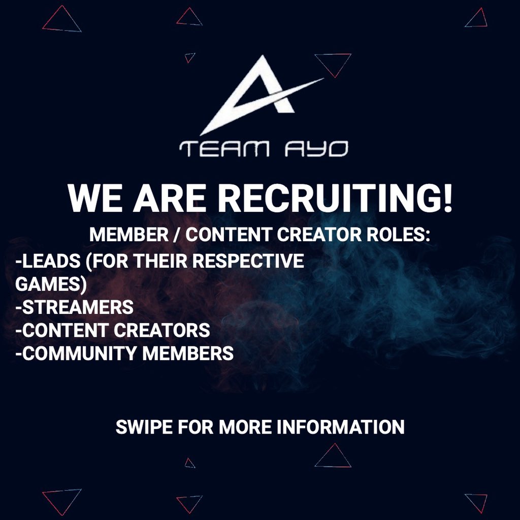 AyoProto's tweet photo. 🎊TEAM AYO ARE RECRUITING🎊
Team Ayo are looking to expand their current #roster in all areas of the #organisation. 
If any of the roles below are of interest to you, or anyone you know, feel free to drop us a message👀
#Esports #Gamers #GamingCommunity #AyoOnTop #CallofDuty https://t.co/DlDV7MmHVA