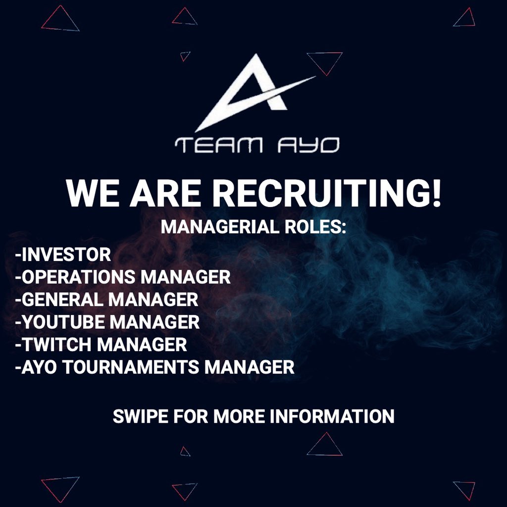 AyoProto's tweet photo. 🎊TEAM AYO ARE RECRUITING🎊
Team Ayo are looking to expand their current #roster in all areas of the #organisation. 
If any of the roles below are of interest to you, or anyone you know, feel free to drop us a message👀
#Esports #Gamers #GamingCommunity #AyoOnTop #CallofDuty https://t.co/DlDV7MmHVA