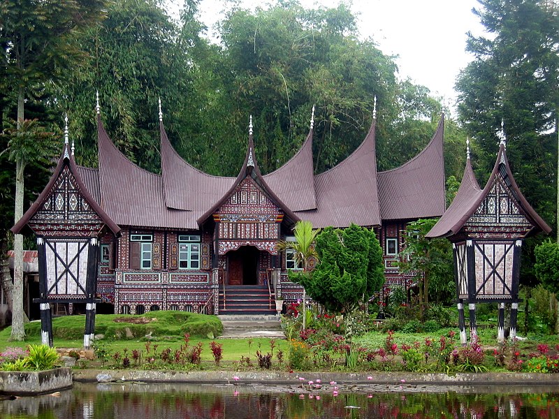 Rumah Gadang (Indonesia)Native to the Minangkabau people of West Sumatra, these homes are notable for their multi-tiered upswept gables and are decorated with intricate floral carvings and patterns. Traditionally these homes were passed down matrilineally, from woman to woman.