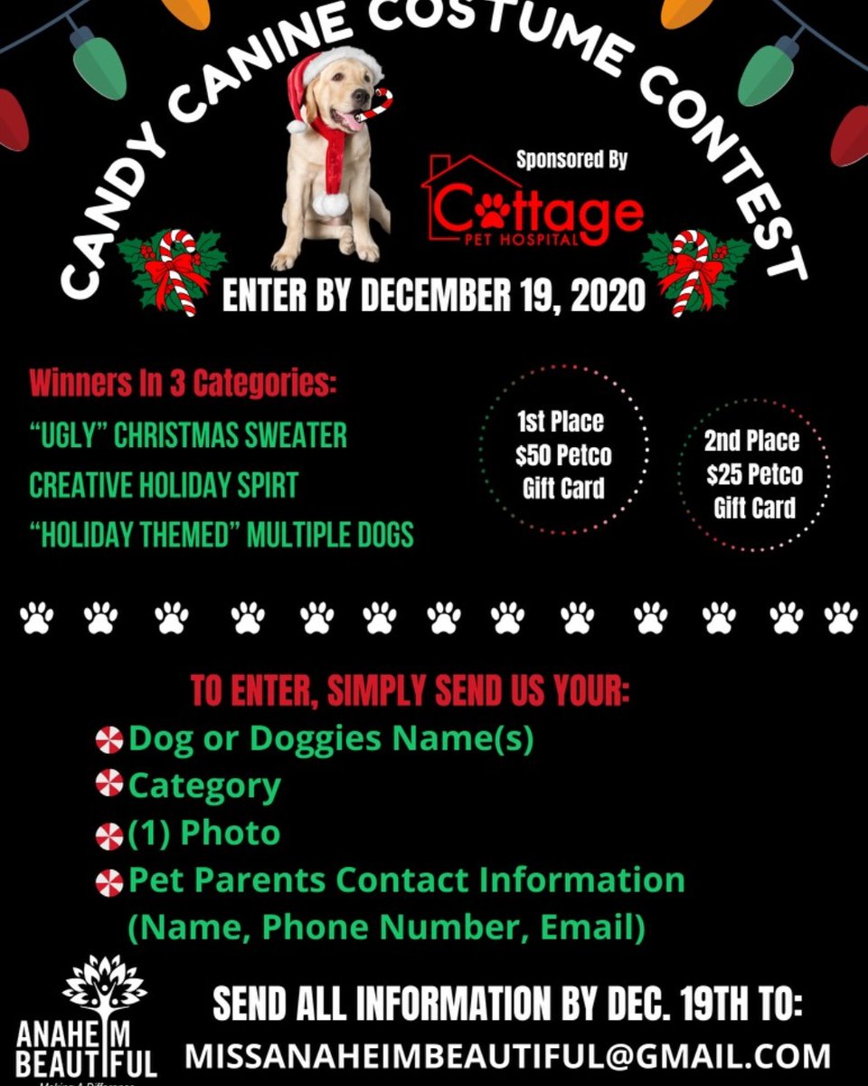 AnaheimBeautifu's tweet photo. Our Miss Anaheim Beautiful Court has been busy this holiday season. Next up, their third annual Candy Canine Costume Contest - Virtual this year. Thanks to our sponsor: Cottage Pet Hospital. For details visit: https://t.co/KAGgzlEDjo https://t.co/LrXnV9cflb