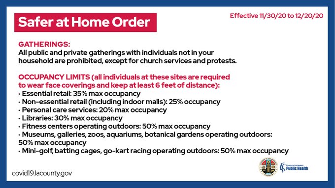 Gatherings: All public and private gatherings with individuals not in your household are prohibited, except for church services and protests, which are constitutionally protected rights.
Occupancy limits at various businesses; all individuals at these sites are required to wear face coverings and keep at least 6 feet of distance:
Essential retail – 35% maximum occupancy
Non-essential retail (includes indoor malls) – 20% maximum occupancy
Personal care services – 20% maximum occupancy
Libraries – 20% maximum occupancy
Fitness centers operating outdoors – 50% maximum occupancy
Museums galleries, zoos, aquariums, botanical gardens operating outdoors – 50% maximum occupancy
Mini-golf, batting cages, go-kart racing operating outdoors – 50% maximum occupancy